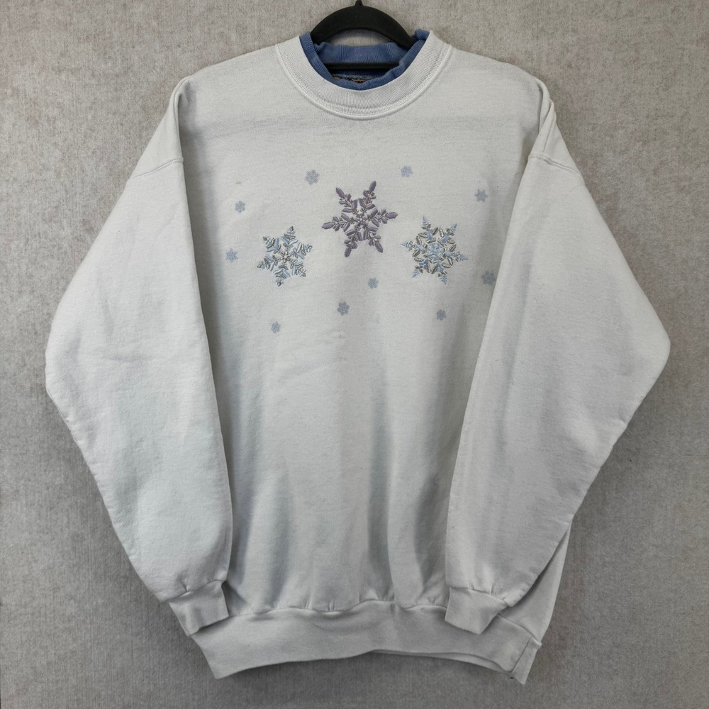 Vtg Top Stitch Large Christmas Holiday Snowflake Embroidered Sweatshirt White - Picture 2 of 9